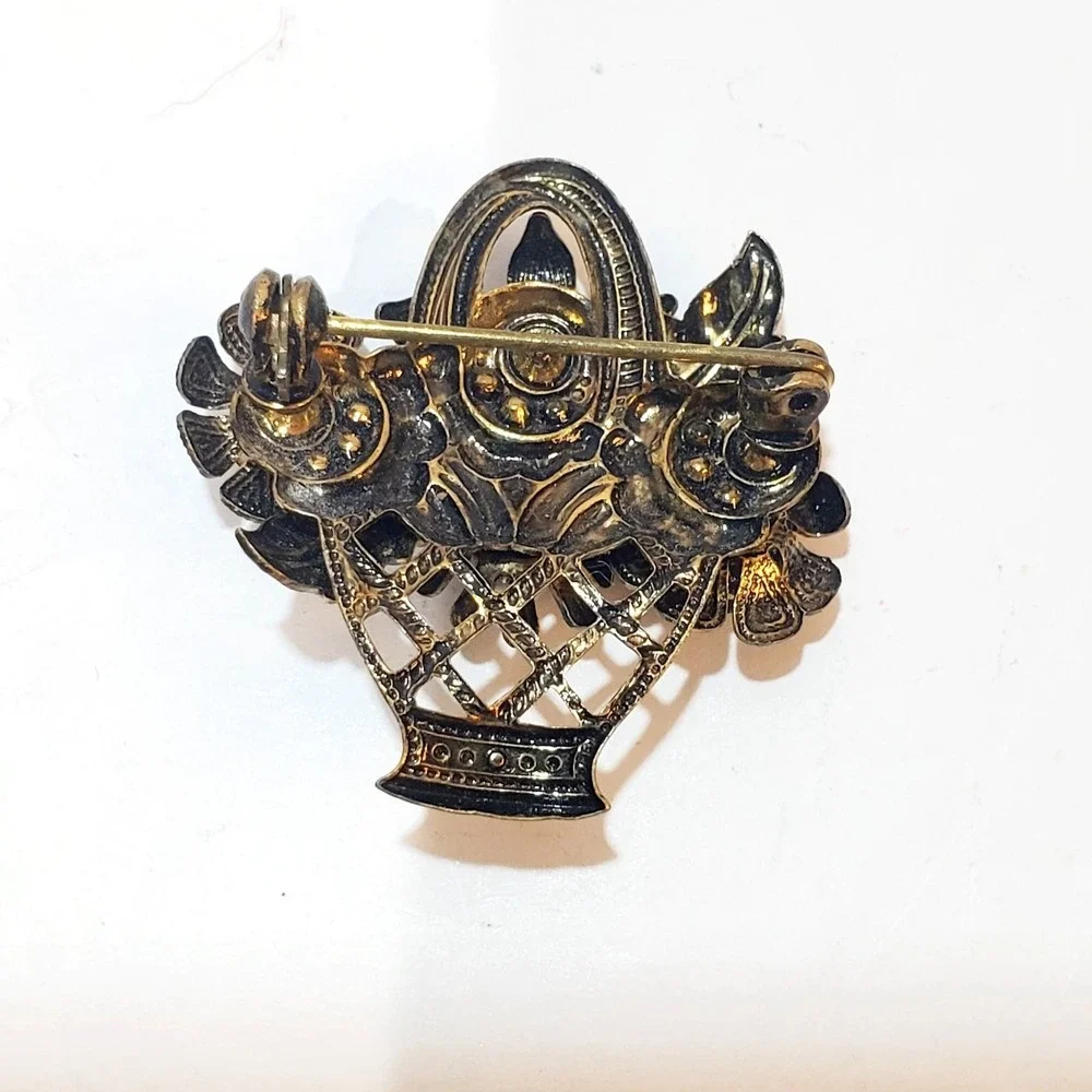 Vintage Brass Tone and Rhinestone Faux Pearl Floral Basket Brooch Pin 1.25 inch